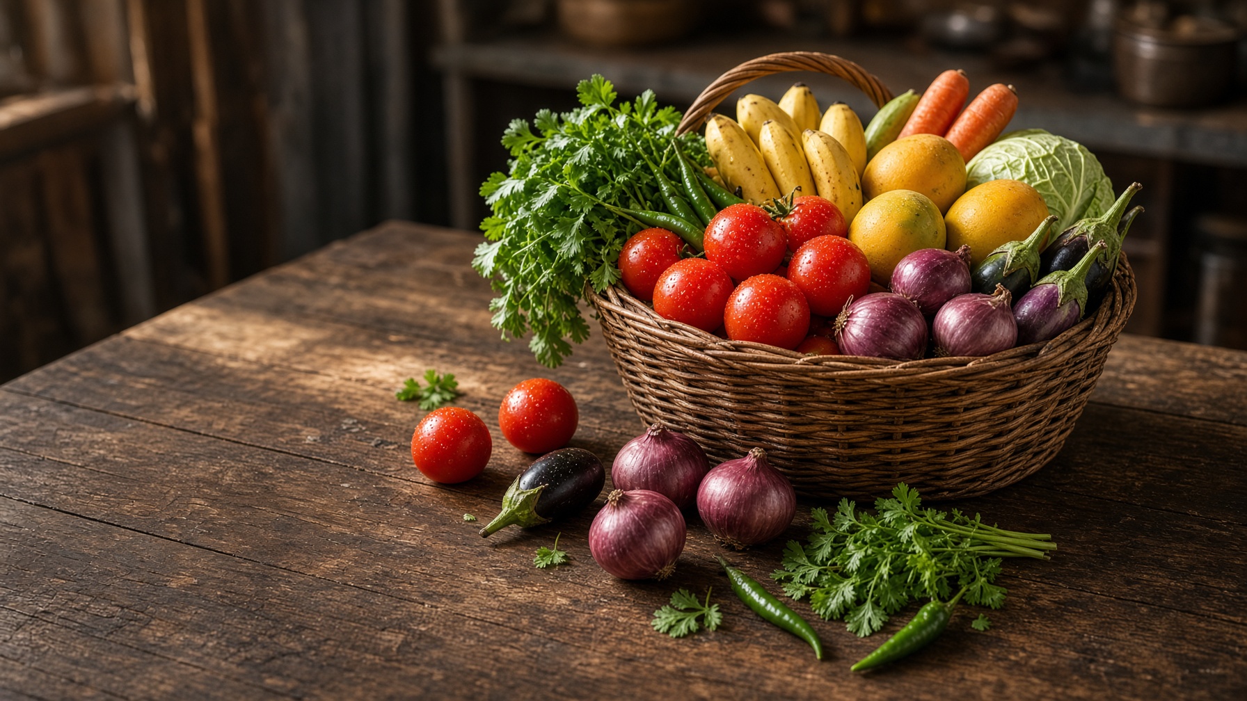Fresh fruits and vegetables in a wicker basket on a teak table, ready for grocery delivery in Chennai